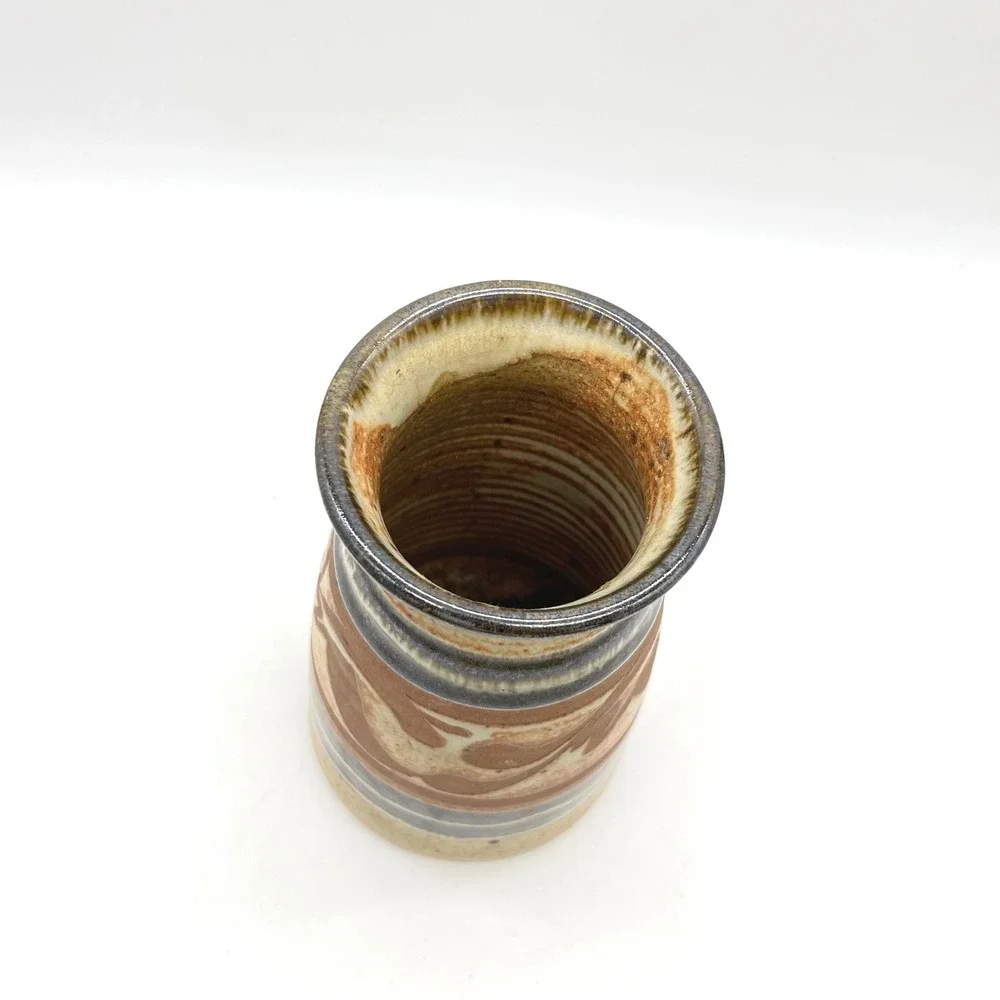 Robert Farmer Signed Studio Pottery Vase Earthy Abstract Glaze Brown Blue 6.5in